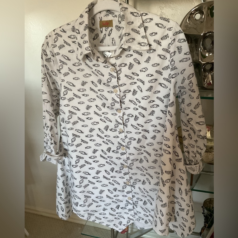 Tulip White Button-Up tunic with Black Owl Print NWOT